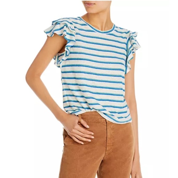 Veronica Beard Akeela Striped Tee  Ruffle Sleeve Top - Blue and White size M​ - Picture 1 of 3